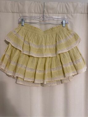 LoveShackFancy Pale Yellow Tiered Lace-Trim Mini Skirt